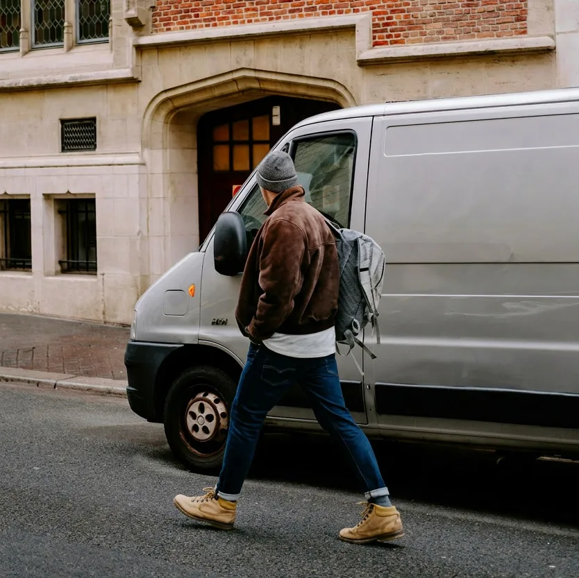 Man walking past van on the street