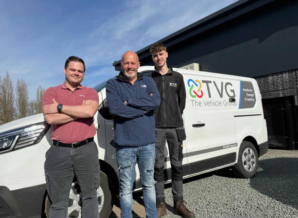 Portrait of three people in front of a vehicle